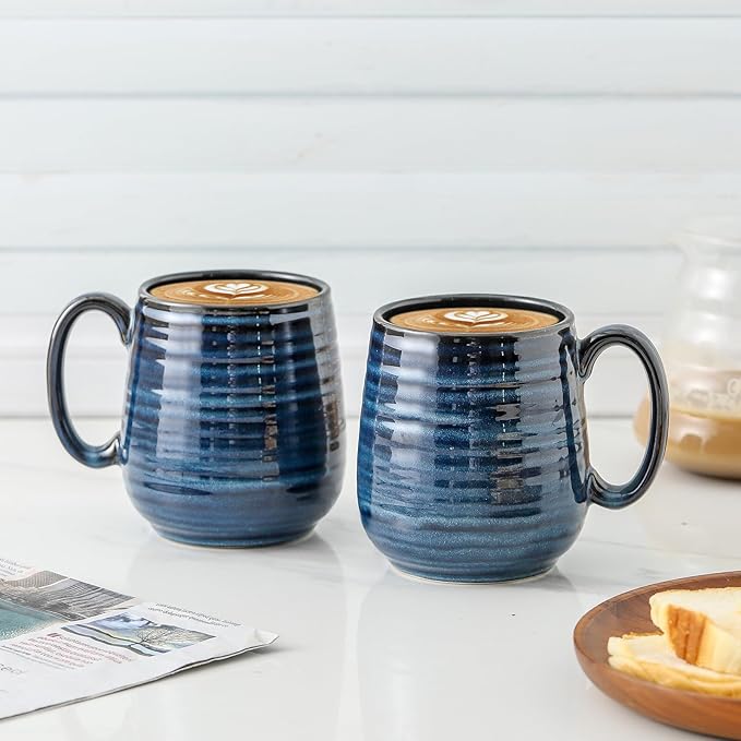 HASENSE Large Coffee Mugs Set of 2, Porcelain 20 oz Coffee Cups for Office and Home, Modern Coffee Mug with Big Handle for Latte Coffee Tea Soup as Friend Gifts, Dishwasher and Microwave Safe, (Blue)