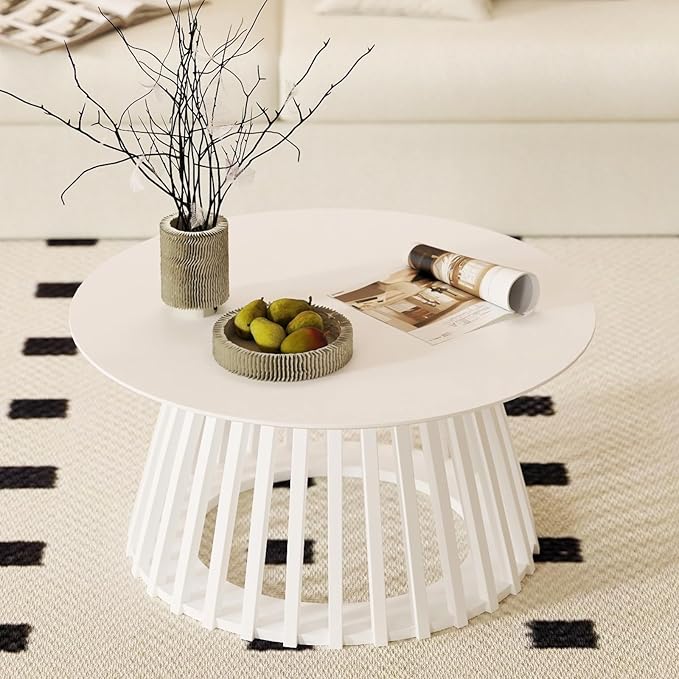 DUOMAY Modern Solid Wood Round Coffee Table with Geometric Base, Sturdy Wood Center Table for Living Room, Lounge, Office, White Color