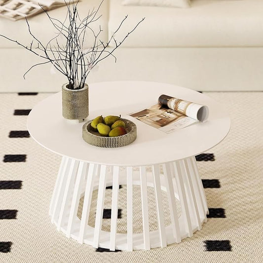 DUOMAY Modern Solid Wood Round Coffee Table with Geometric Base, Sturdy Wood Center Table for Living Room, Lounge, Office, White Color