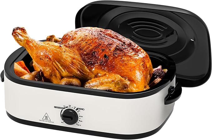 14 Quart Electric Roaster Oven, Turkey Roaster Oven with Self-Basting Lid, Stainless Steel Roaster Pan, White