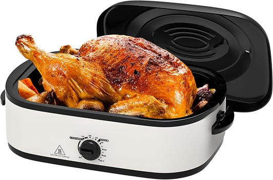 14 Quart Electric Roaster Oven, Turkey Roaster Oven with Self-Basting Lid, Stainless Steel Roaster Pan, White