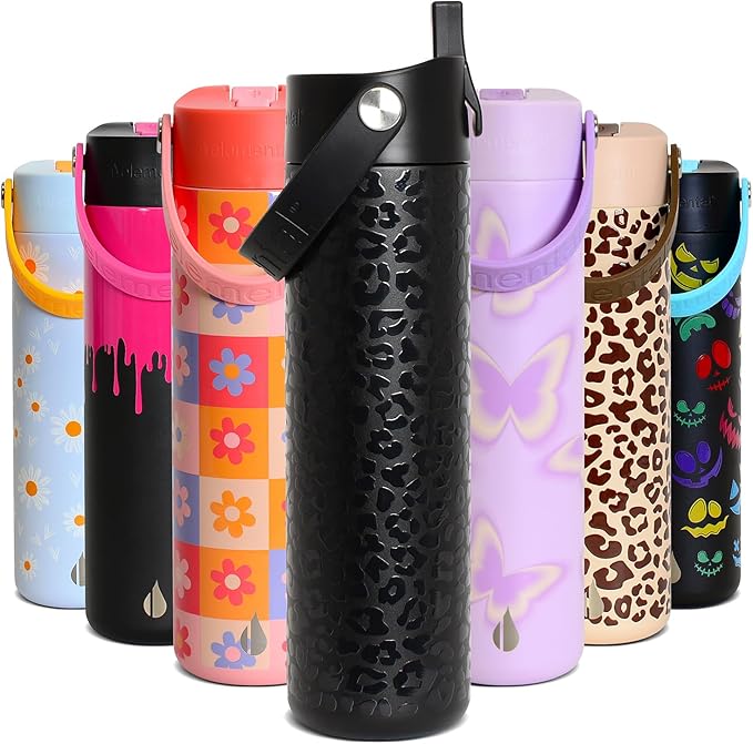 Elemental 24oz Insulated Water Bottle with Straw - 100% Leak-Proof Stainless Steel Core Water Bottles for Travel, Sports and Gym - Double Wall Insulation & BPA Free - Black Leopard