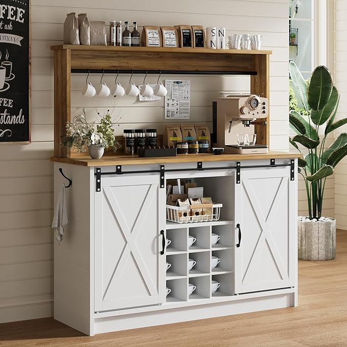 4ever2buy Farmhouse Coffee Bar Cabinet with Hutch, 47 Inch Buffet Cabinet with Storage, White Wine Bar with 9 Wine Racks and 6 Hooks, Coffee Bar Table with Adjustable Shelves for Living Dining Room