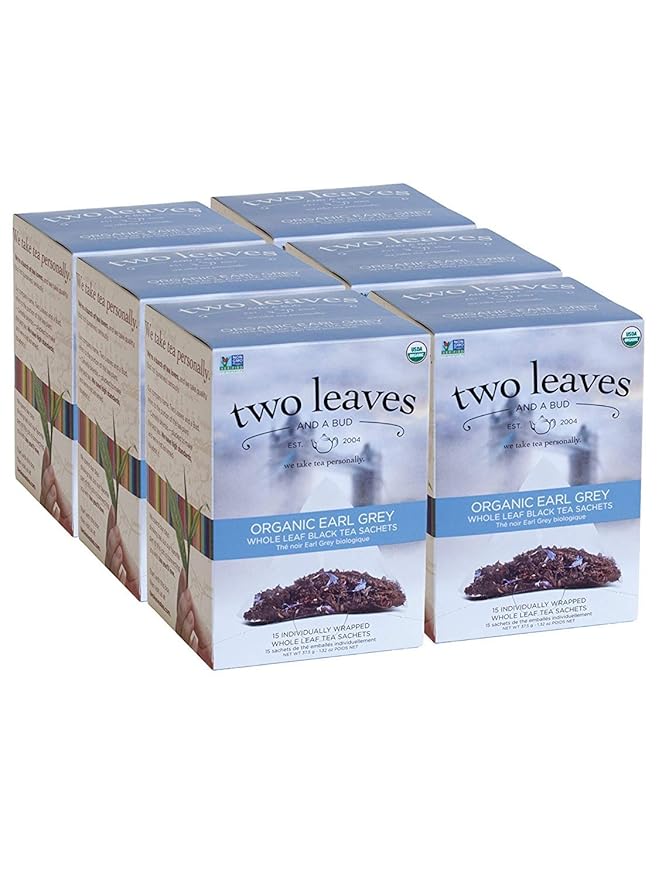 Two Leaves and a Bud Organic Earl Grey Tea Bags, Whole Leaf Caffeinated Black Tea in Compostable Sachets, 15 Count (Pack of 6)