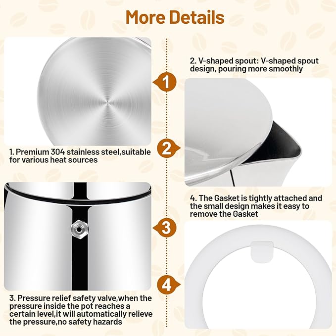 Vaolvpant No Coating 2 Cup Thickened 304 Stainless Steel Moka Pot Stovetop Espresso Maker Italian Coffee Machine 100ml 3.3oz Suitable for Gas Induction Stovetop Greca Coffee Maker Percolator