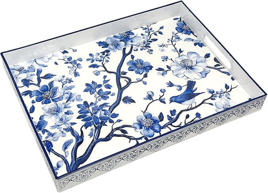 Serving Tray with Handles, 15.7 * 11.8 inches, Plastic Ottoman Tray with Exquisite Paintings, Trays for Coffee Table
