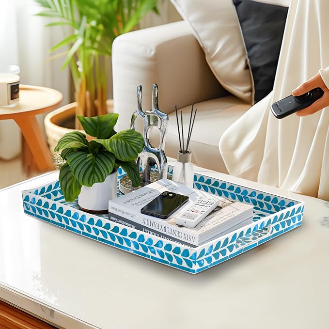 MAONAME Blue Decorative Tray, Plastic Serving Tray with Handles, Leaf Pattern Sticker Trays, Rectangular Trays for Living Room, 15.7" X 10.2" X 1.57"