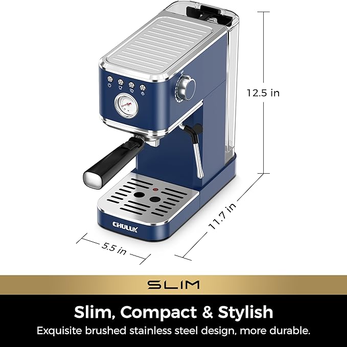 CHULUX Slim Espresso Machine with Milk Frother, 20 Bar Professional Italian Pump Espresso Coffee Machine for Home Cappuccino & Latte Maker, Stainless Steel, Navy