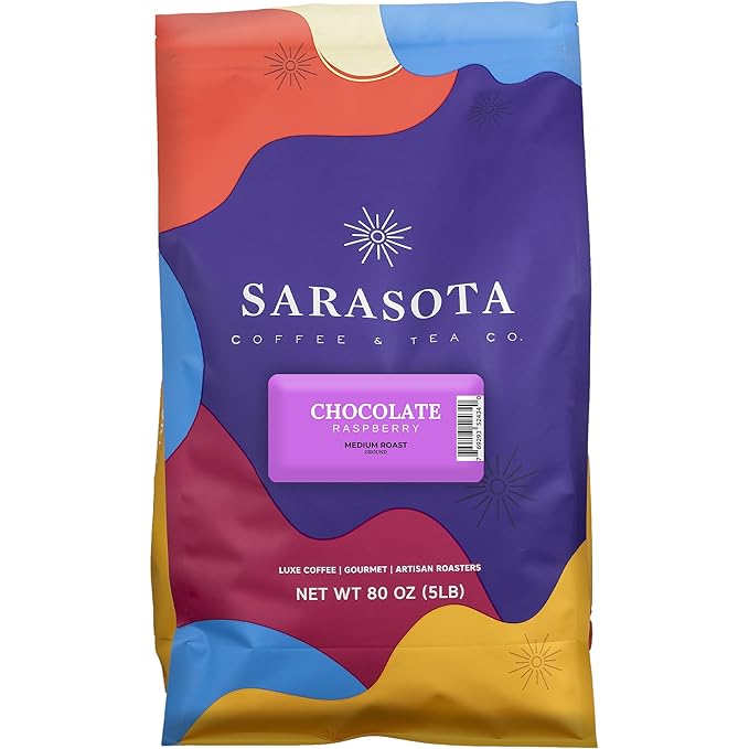 Sarasota Coffee Ground Chocolate Raspberry | Medium Roast Gourmet Flavored Coffee Grounds | Low Acid, Mold Free, Specialty Grade Flavored Bulk Ground Coffee | 5lb (80 oz)