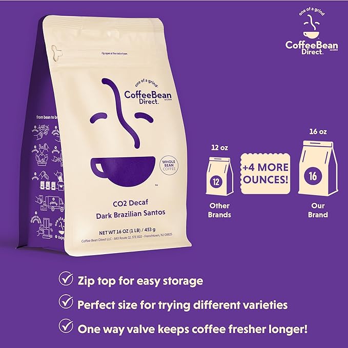 Coffee Bean Direct CO2 Decaf Dark Brazilian Santos, Whole Bean Coffee, Dark Roast, 1 Pound Bag (Pack of 1)