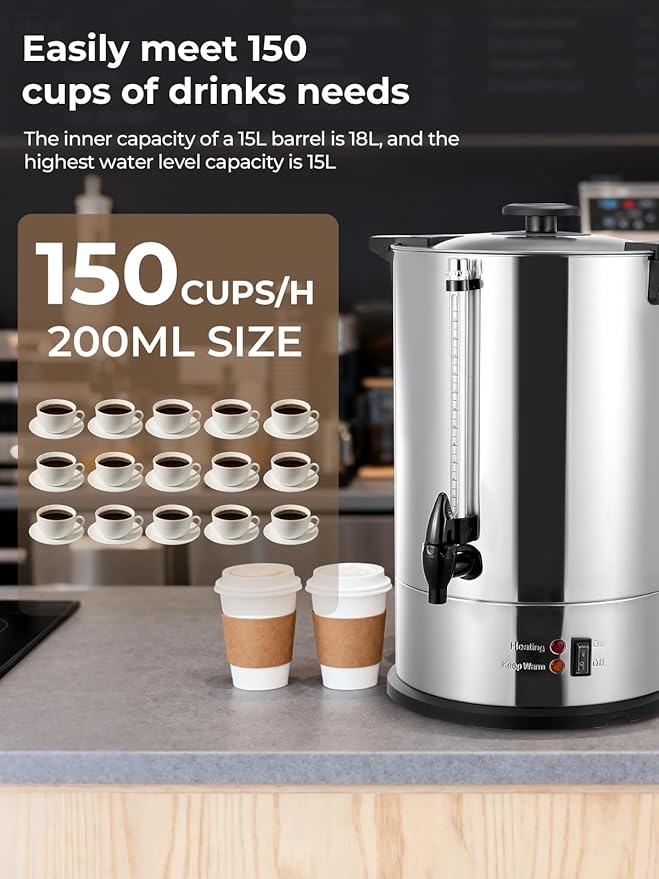 FOHERE Coffee Maker 150 Cups Commercial, Coffee Urn 15 L/3.96 Gal Electric Hot Beverage Dispenser with Dripless Faucet, 1500W Power Quick Brew, Stays Hot for Coffee & Beverage, Catering, Party