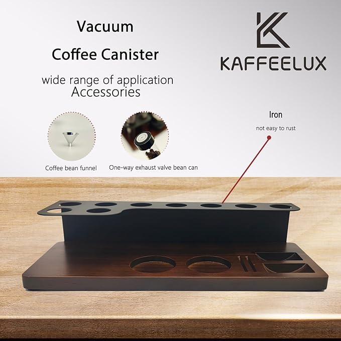 8-Piece Vacuum Coffee Canister Set with Wooden Storage Stand – Airtight Jars + Funnel for Coffee Enthusiasts & Home Cafés | Countertop Bean/Tea Freshness Organizer