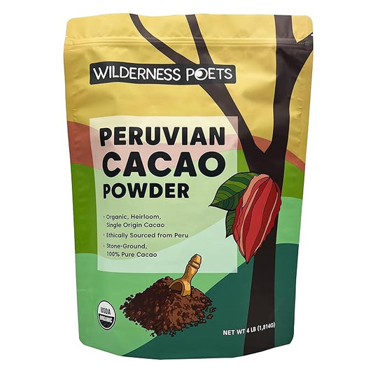 Wilderness Poets, Organic Cacao Powder. Unsweetened, 100% Peruvian Heirloom Cacao (Criollo Variety) - 4 Pound - 64 Ounce Bulk Size