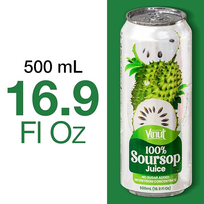 VINUT 100% Soursop Juice, No Added Sugar, Not From Concentrate, 16.9 fl oz (500 mL) Can, Pack of 12