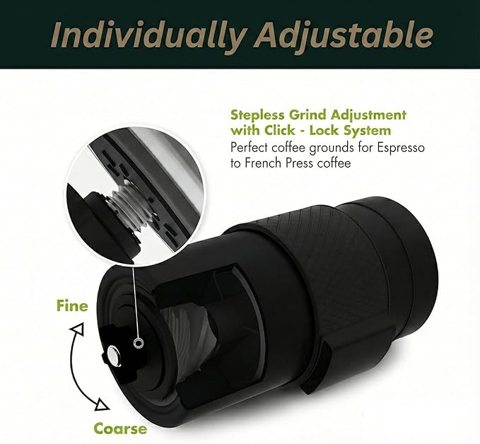 Manual Coffee Grinder with Ceramic Conical Burr - AeroPress Compatible Hand Coffee Mill with Click-Lock Stepless Adjustment - Portable Precision Espresso Grinder for Camping, Home & Travel