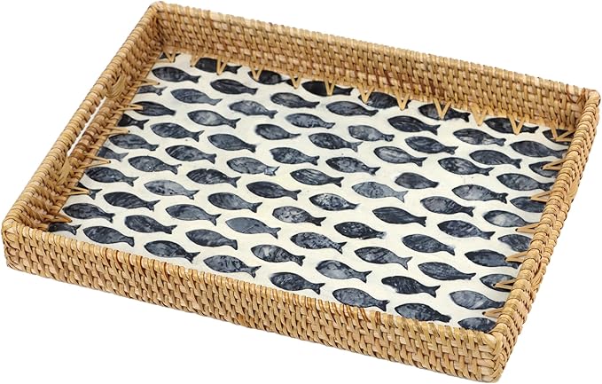 Rattan Serving Tray, Rectangle Coffee Table Tray with Mother of Pearl Inlay, Decorative Wicker Basket with Handle for Coffee, Bread, Fruits, Snacks, Table Decor (Black Fish)
