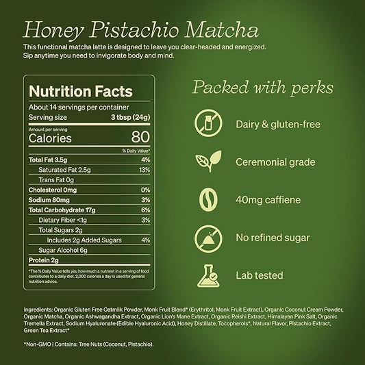 Clevr Pistachio Matcha SuperLatte, Organic Ceremonial Grade, Instant Superfood Powder Blend with Lions Mane, Reishi Mushroom, Coconut Cream, Oat Milk, Ashwagandha, Serve Hot or Iced (14 Lattes)