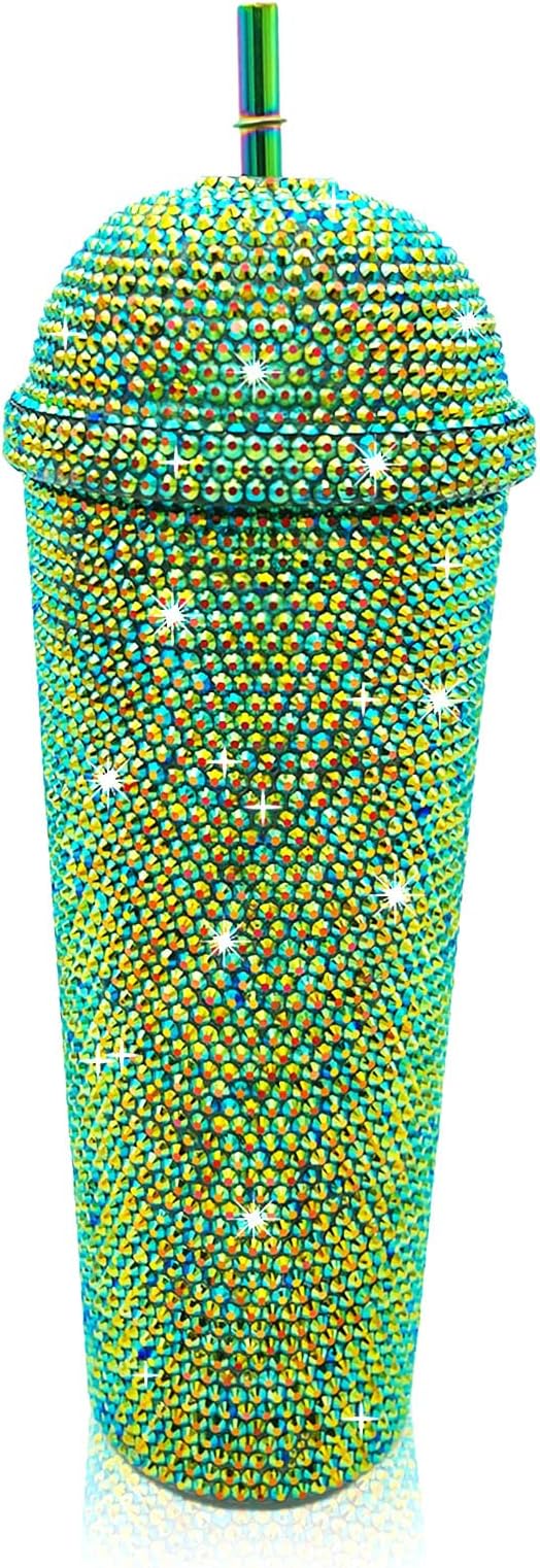 24oz Bling Cup Handmade Rhinestones Studded Tumbler Double Wall Insulated Plastic Reusable Water Bottle with Lid and Straws for Home Office Party Beach(Deep Green)