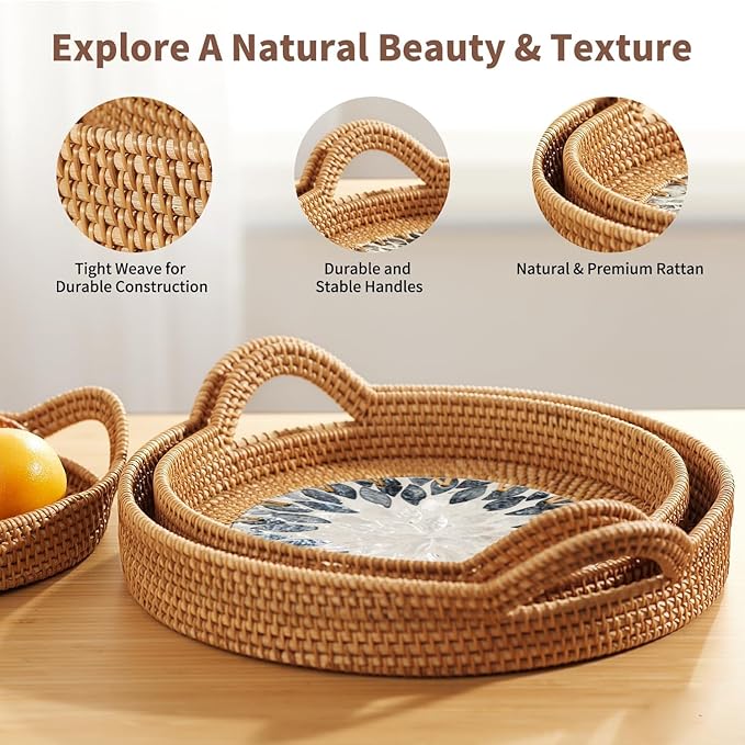 Mothers Day Gifts Set – 3 Handwoven Rattan Trays with Natural Shell Inlay, Boho Decorative Wicker Serving & Coffee Table Trays with Handles for Home Decor, Candles, Snacks & Holiday Entertaining