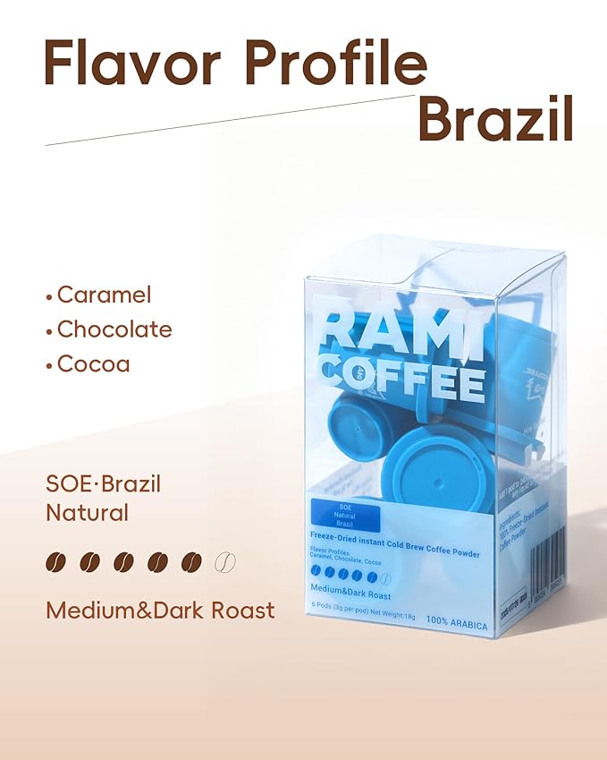 Rami Coffee Cold Brew Freeze Dried Instant Coffee Powder, Medium-Dark Roast 100% Arabica, 6 Portable Single Packets for Home Travel Backpacking Camping