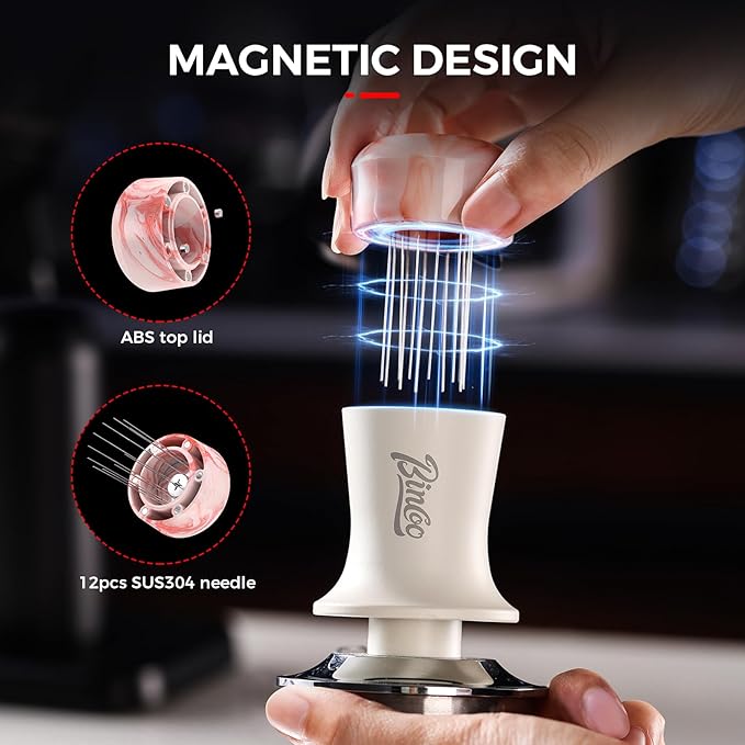 Bincoo 58mm 2-in-1 Coffee Tamper & WDT Tool,Espresso Tamper with Distributor Stirrer Function,Magnetic Espresso Tamper with 12 Needles,Stainless Steel Base Tamper Espresso Tool (Pink)