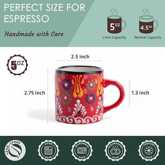 Ceramic Espresso Cups, 5 Oz Espresso Cups Set of 4, Handmade Espresso Cup, 2.75 Inch Espresso Mugs, Multicolor Demitasse Cups, Microwave & Dishwasher Safe Espresso Mugs, Coffe Mug (SULTAN'S GARDEN)