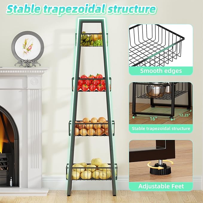 Simple Trending 4 Tier Wire Market Basket Standw, Fruit Basket Storage Stand for Vegetables, Bread, Onions, Potatoes, Black