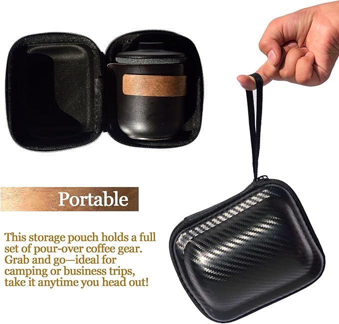 Pour Over Coffee Maker - All-Ceramic Drip Set, Single Serve Coffee Maker with Pour Over Dripper, Reusable Ceramic Filter & Carafe, Portable Travel Drip Kit with Cup + Storage Bag
