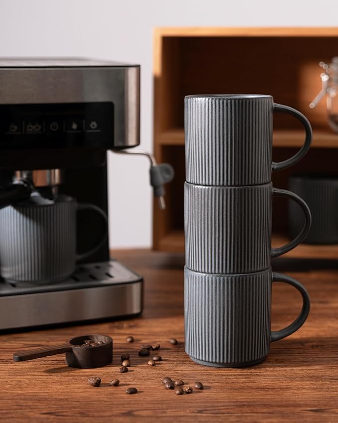 famiware Coffee Mug Set for 8, Star 12 oz Catering Mugs Cup Set with Handle for Coffee, Tea, Cocoa, Milk - Ceramic Stoneware Drinkware Set, Matte Dark Charcoal
