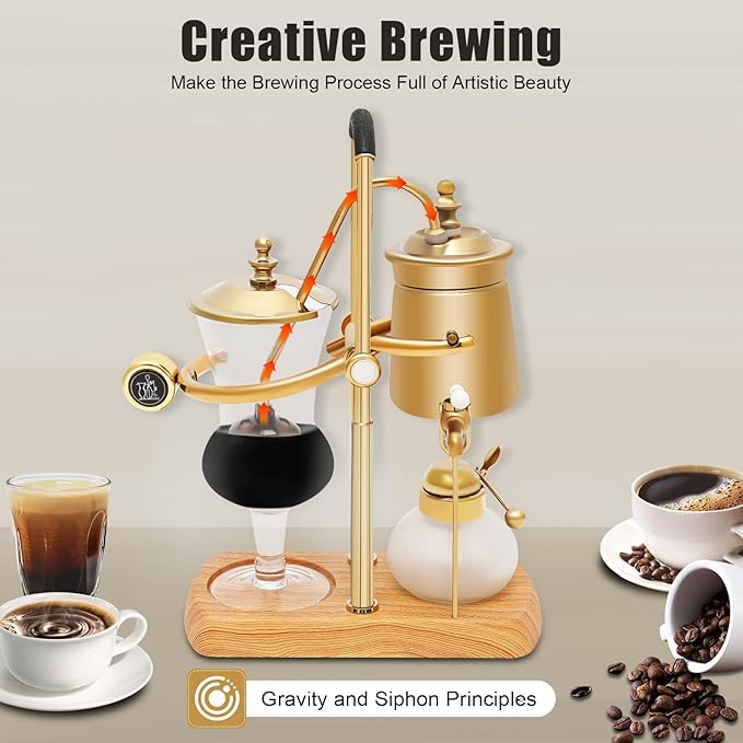 GXFCHYL Belgium Royal Family Balance Syphon Siphon Coffee Maker Unique Gravity Vintage Coffee Maker Manual Coffee Machine for Personal Kitchens, Beverage Stores (Gold)