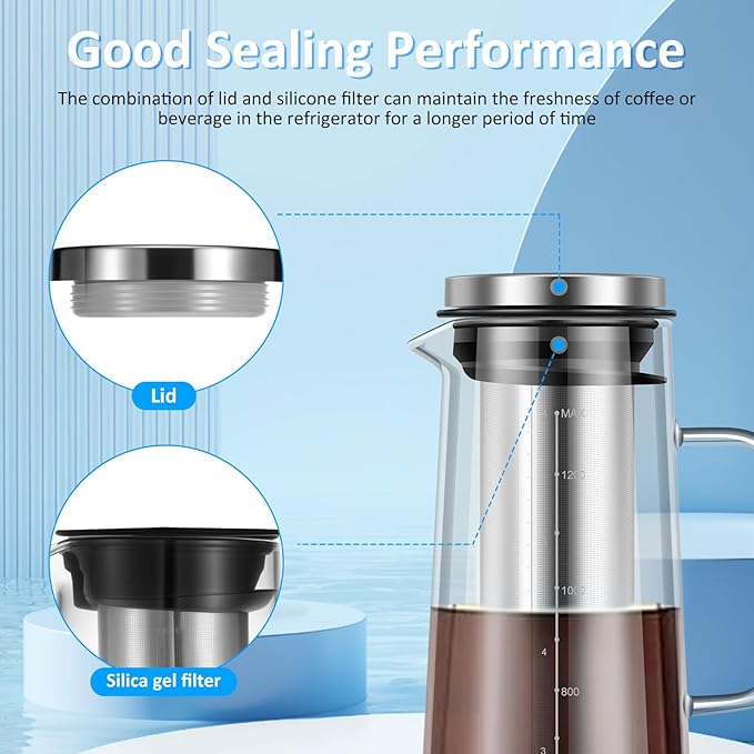 Cold Brew Coffee Maker 1.4L/48oz - Glass Pitcher Thick Glass Cold Brew Coffee Pitcher with Stainless Steel and Silicone Filter and Airtight Lid for Home Kitchen Cafe