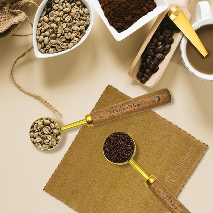 Gold Coffee Scoop with Wooden Handle, 1 Tablespoon / 15 ml, 304 Stainless Steel Measuring Spoon for Ground Coffee, Espresso, Tea, Protein Powder, Spices (6 Pack)