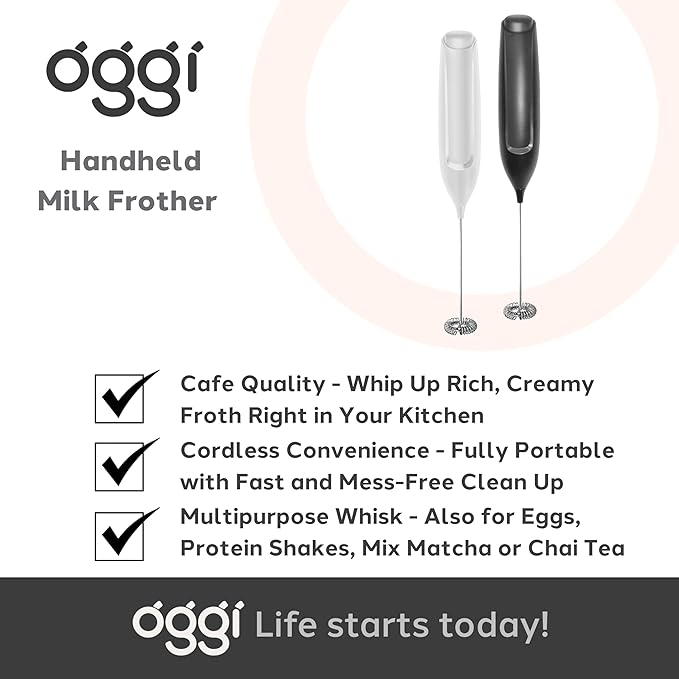 Oggi Handheld Milk Frother, Electric Frother Wand with Stainless Steel Whisk, Mini Whisk for Coffee, Matcha, Latte, Protein, Eggs & More, Battery Operated Compact Frother for Kitchen or Travel, White