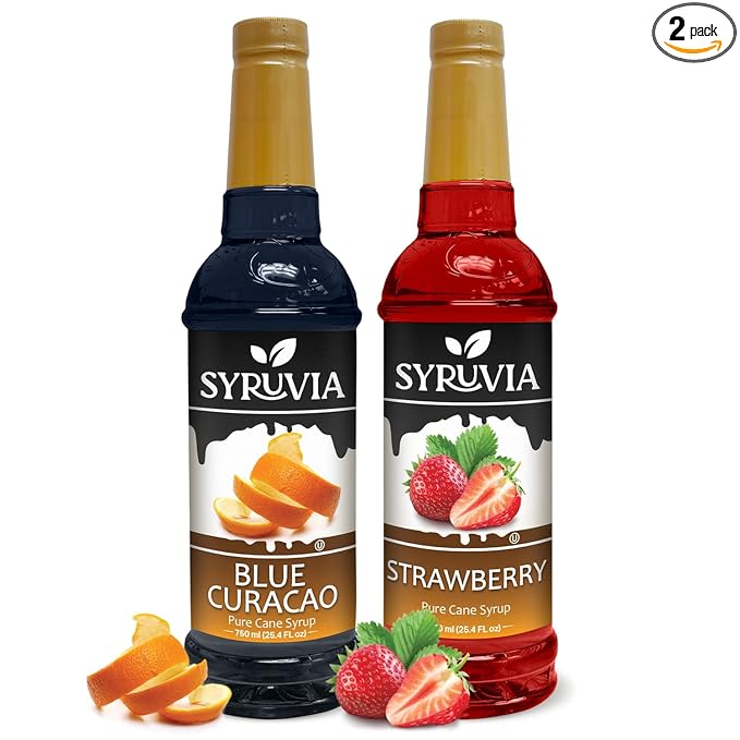 Syruvia Blue Curacao & Strawberry Summer magic Variety Pack - 25.4oz Ideal for Cocktails, Desserts, Italian Soda, Ice and More, Kosher and Gluten-Free.