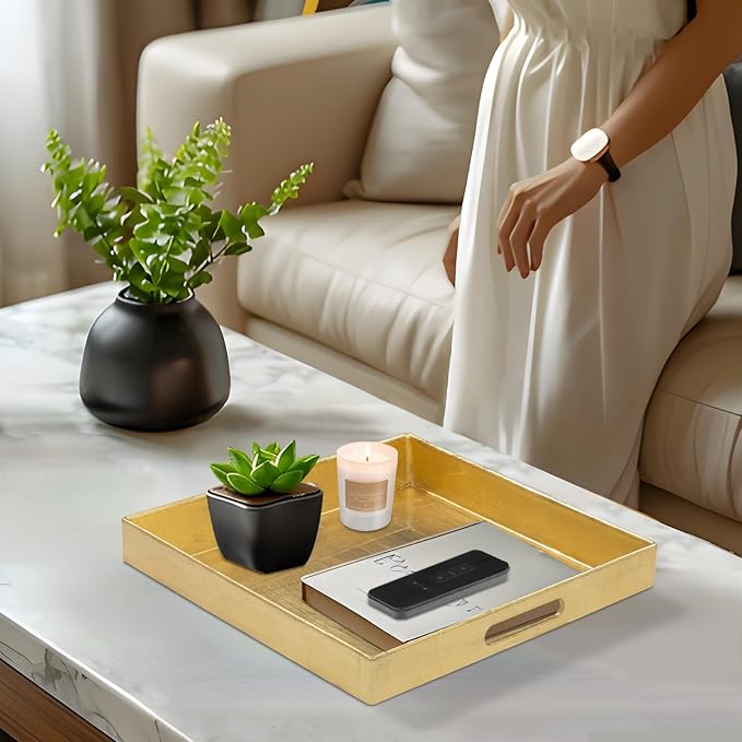 MAONAME Gold Decorative Tray with Handles, Foil Serving Tray for Ottoman, Square Coffee Table Trays for Living Room, Bathroom, 13" L x 13" W x 1.6" H