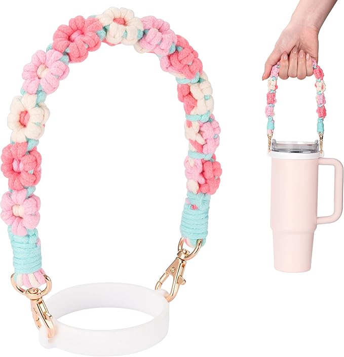 Water Bottle Handle, Hand-Woven Lanyards Silicone Water Bottle Sling, Carrier, Holder with Strap Compatible 8-40oz Stanley Cup Hydroflask Bottle Accessories-Flower Multicolor