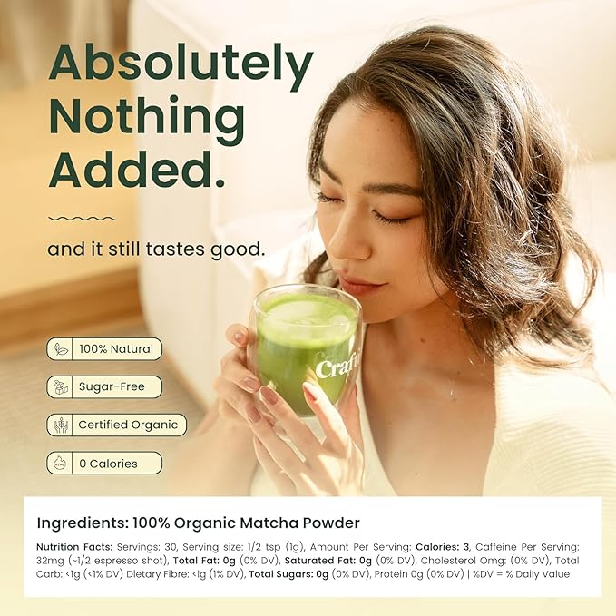 Crafti Ceremonial Grade Matcha Powder (Organic) - Unsweetened Authentic Japanese Daily Matcha Green Tea Powder from Uji, Kyoto for Barista-Grade Lattes (75g / 2.65oz)