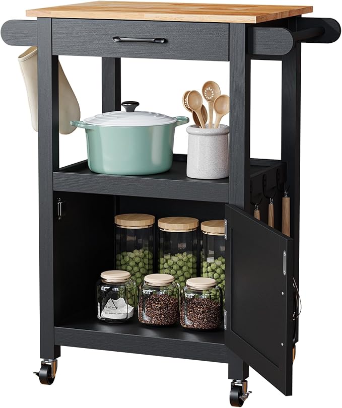VINGLI Rolling Kitchen Cart with Storage Cabinet & Drawer, Compact Kitchen Island on Swivel Wheels, Small Kitchen Cart with Side Hooks & Towel Rods, Black