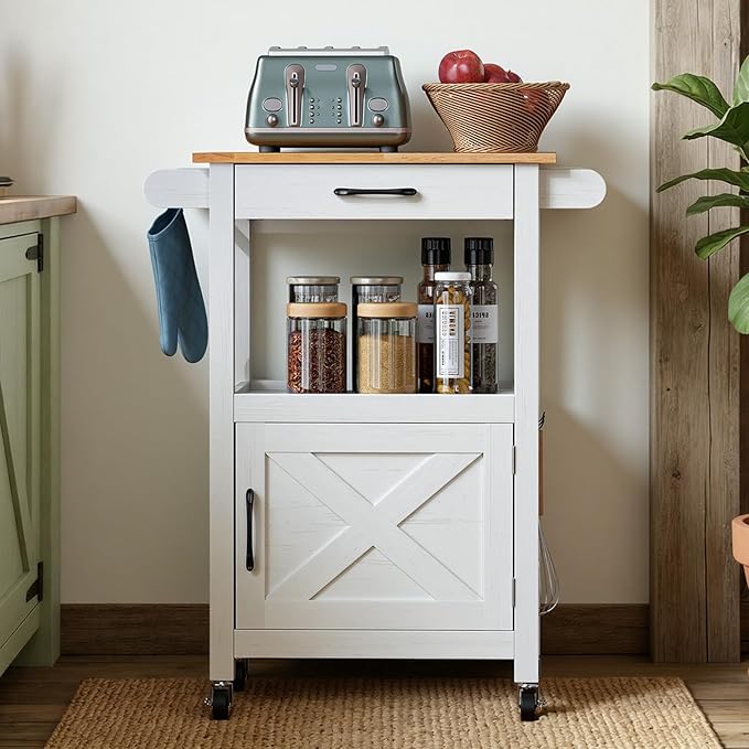 VINGLI Rolling Kitchen Cart with Microwave Stand, Storage Cabinet & Drawer, Small Coffee Cart with Side Hooks & Towel Rods, Compact Kitchen Island on Swivel Wheels, White