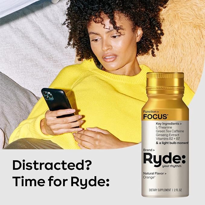 Ryde: Focus Shot | Orange Flavor | L-Theanine & Ginseng | Green Tea Caffeine | Vitamins B2 & B7 | 0 Calories, 0 Sugar | 2 FL OZ Shots | Supports Focus* (8 Pack)