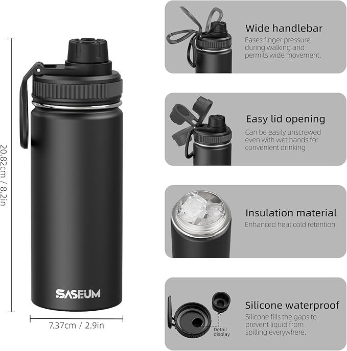 SASEUM Kids Sport Water Bottle 16oz Stainless Steel Double Wall Vacuum Thermal Mug with Leak Proof Spout Lids, Wide Mouth Metal Insulated Water Jug for Gym and Travel（Black）
