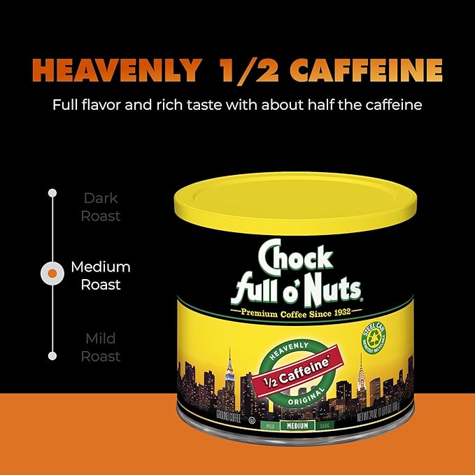 Chock Full o' Nuts Heavenly Original Half Caffeine Ground Coffee – Premium Beans in Recyclable Steel Can – Rich Flavor & Aroma, Medium Roast – Perfect for Drip, Pour-Over, Percolator – 24 Oz Can