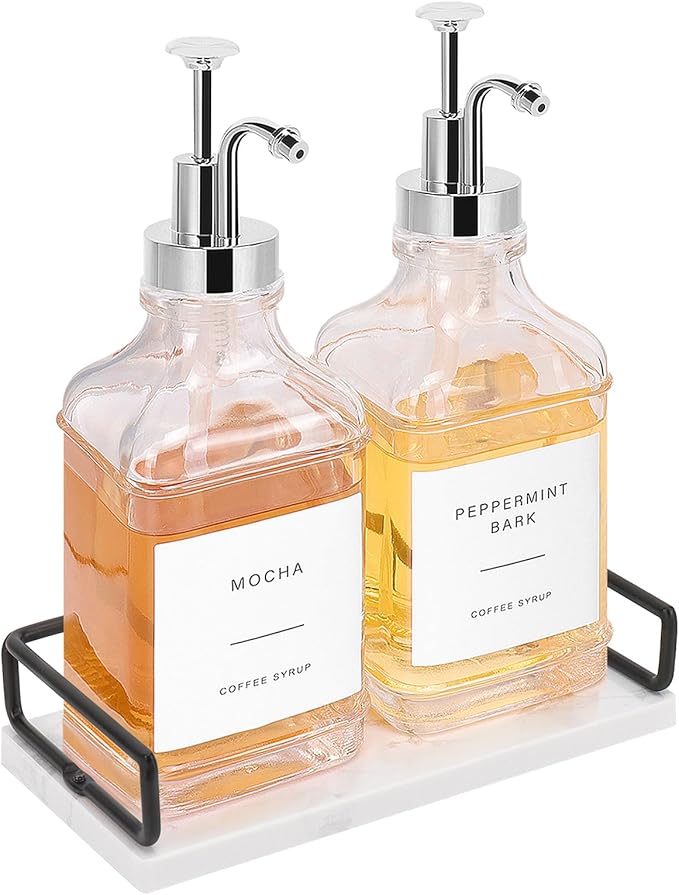 BathAce Coffee Syrup Dispenser for Coffee Bar, Clear Glass Syrup Bottles with Pump, Refillable Maple Syrup Storage, Coffee Station Accessories and Organizer, 500ml, Set of 2 + Tray (Chrome Finish)