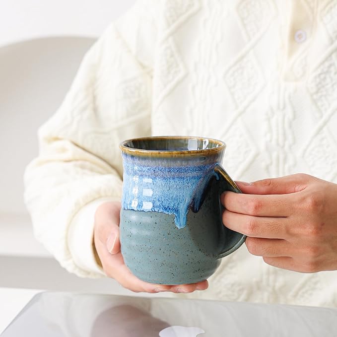 Mkour 21oz Large Ceramic Coffee Mugs, Handmade Tea Cups with Comfortable Handle for Office and Home, Microwave and Dishwasher Safe (Blue Grey)
