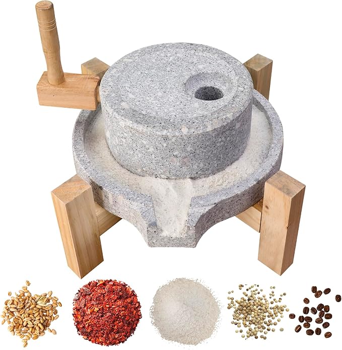 Artisanal Natural Stone Grain Mill (Solid Wood Base) - Household Grinder for Wheat/Spices & Coffee Beans, Ideal for Breads & Tortillas (9.84x13.8Inches)