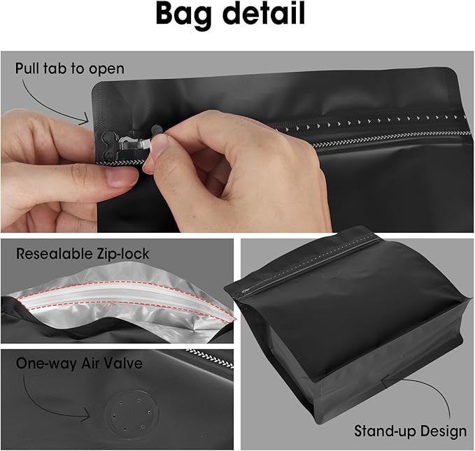 50 Count 16oz Coffee Bags with Valve,1lb Vented Coffee Beans Packaging Bags High Barrier Aluminumed Foil Flat Bottom Heat Sealed Side Zipper Resealable Storage Bag for Home or Business（Black）