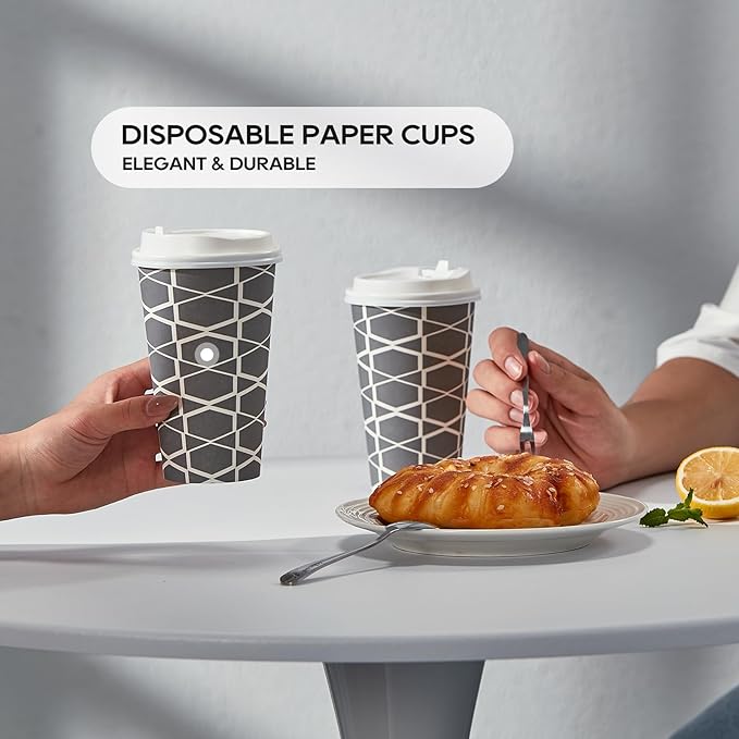 JOLLY PARTY Disposable Coffee Cups with Lids -16 oz (100 Sets) To Go Cups, Paper Coffee Cups for Beverages Espresso Tea, Suitable for Cafes, Offices and Home
