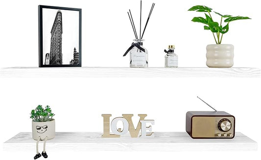 BGMG Wood Floating Shelves for Wall 42 inch Set of 2,White Floating Shelves,Solid Wood Wall Mount Shelves for Bathroom Living Room Bedroom Kitchen Farmhouse -42x 6.7 x1.25 inch
