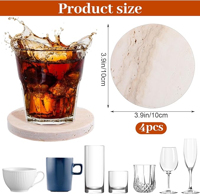 Marble Coasters Set of 4, Natural Travertine Stone Drink Coasters Round Modern Stone Cup Mat 4 Inch with Non-Slip Cork Backing Housewarming Gift for Wedding Christmas Anniversary Present