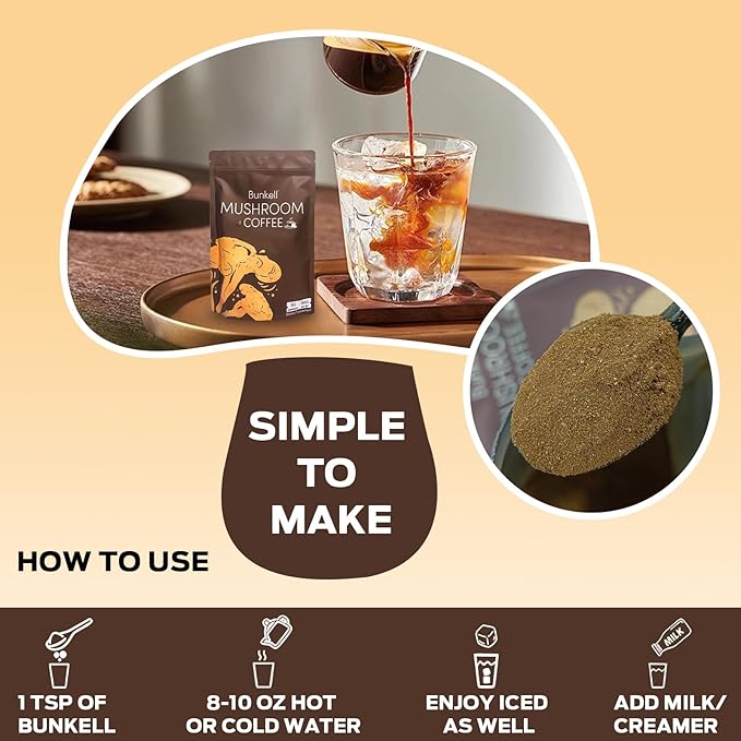 Mushroom Coffee, Adaptogenic 6 Mushrooms with Lion's Mane, Reishi, Cordyceps, Shiitake, King Trumpet & Turkey Tail, Instant Coffee Powder for Energy, Digestion & Immune Support, 60 Servings